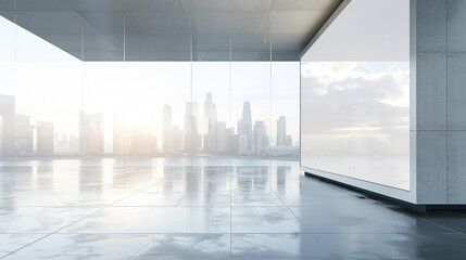 Empty office interior with windows and city view. 3D Rendering. AI.