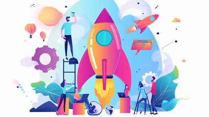 An illustrated rocket, a man on a ladder