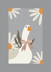 Vector cute goose. Retro printable poster design. Flat illustration with domestic bird with daisies in vintage style.