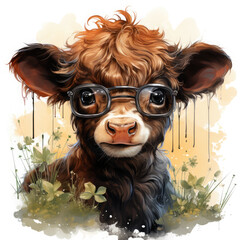 Watercolor cow wearing glasses, clipart Illustration, Generative Ai