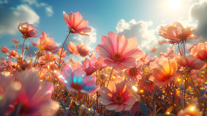 A field of digital flowers blooming in a symphony of color, their petals shimmering with iridescent...