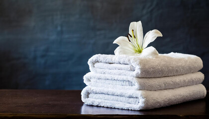 Stack of folded white towels on table, dark wall on background. Home laundry. Housekeeping concept