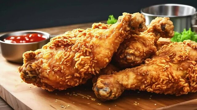 fried korean cripy chicken, crispy fried chicken, fried food, korean Barbq sauce, made with Ai generative technology, stock video, food stock videos, 4k video