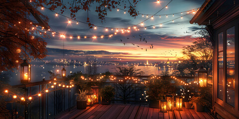 A cozy outdoor terrace with string lights on an autumn evening, creating a warm atmosphere for relaxation and entertainment. - obrazy, fototapety, plakaty