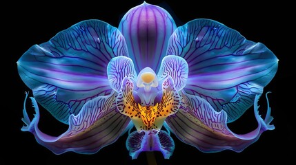 Exotic orchid with intricate details, isolated against a deep black background --ar 16:9 Job ID: b1aafbf9-89d8-4fcf-a10d-6c6c7a001215