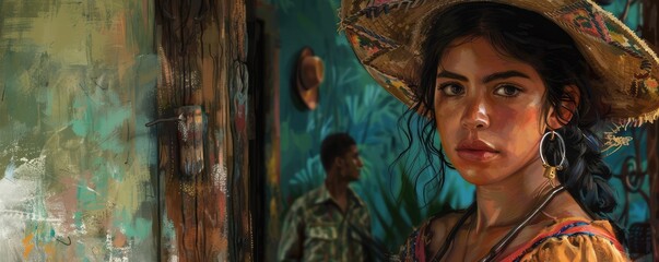 Obraz premium A portrait of the young teeneger with mexican hat on head looking for the camera