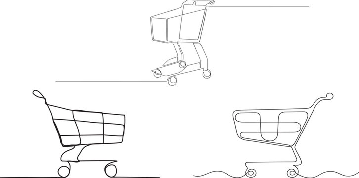 One continuous line drawing of shopping cart. Online shop purchase and supermarket symbol in simple linear style.