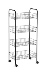 Black metal storage torlley with mesh baskets on white