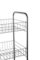 Three-tier metal rolling cart with paper bags on hooks and spacious baskets filled with decorative...