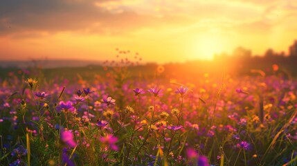 Purple flowers field sunset sun setting