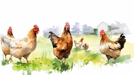 Fototapeta premium Watercolor-style portrait of hens roaming freely in a farmyard, depicted with vibrant strokes and isolated on a white background, water color, drawing style, isolated clear background