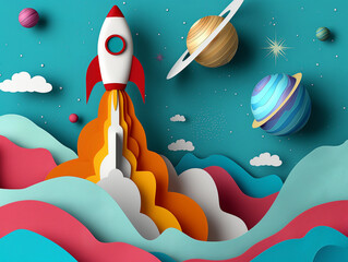 Raketenstart mit Venus Saturn und Mars als Cartoon Zeichnung, ai generativ