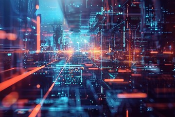 Beautiful Hologram of Growing modern conceptual spaces in Cyberspace. Futuristic hi tech, mechanical technology Digital Urban Development. Business and hi tech, mechanical technology Concept.