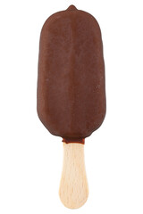 Ice cream bar on wooden stick. Chocolate ice-cream dessert. Yummy sweet treat. Refreshing frozen popsicle. Covered in chocolate delicious dairy snack. Milk ice cream on isolated white background.