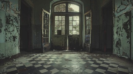 Abandoned asylum with open doors inviting the unknown, photograph perfect for explorations of madness and historical horror.