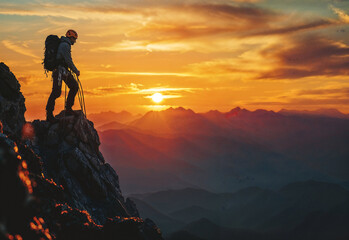 Fototapeta premium Adventurer Climbing Mountain Peak During Sunrise