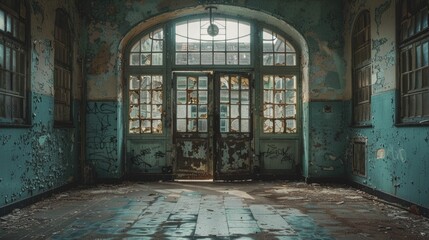 Explore the eerie depths of an abandoned asylum with open doors, a haunting image beckoning curiosity into realms of historical horror. - obrazy, fototapety, plakaty