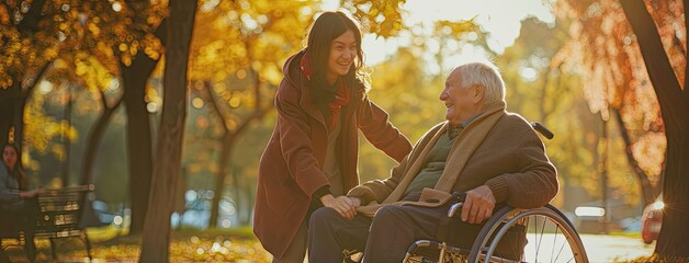 a young woman in her late twenties an elderly man in a wheelchair at the park, both wearing casual attire, smiling under the warm sun with natural lighting and colors. - Powered by Adobe