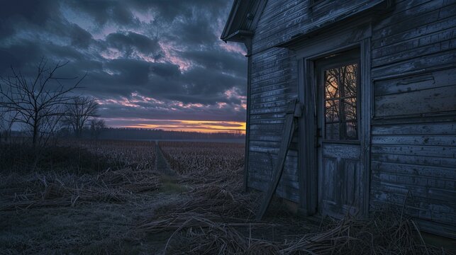 An unsettling photograph of an abandoned farmhouse at dusk, its open door hinting at a haunting history waiting to be explored.