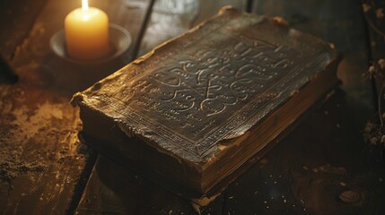 Discovering an ancient tome adorned with cryptic symbols on a dusty table under flickering candlelight evokes dark magic and mystery. - obrazy, fototapety, plakaty