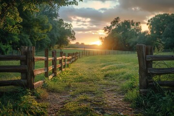 Obraz premium A tranquil path along a rustic wooden fence leading the eye towards a glorious sunset over a verdant field