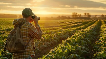a hunter, equipped with binoculars and a map, scouting a vast glass agricultural field, where rows of crops extend into the distance, painting a scene of exploration and anticipation. - obrazy, fototapety, plakaty