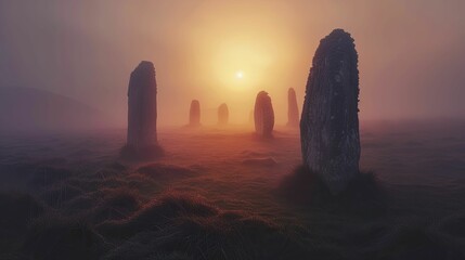 A magical aura envelops the ancient stone circle as mist dances at dawn, beckoning tales of druids and ancient ceremonies. - obrazy, fototapety, plakaty