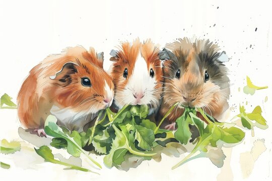 Guinea pigs munch on fresh greens, their contentment rendered in lush, vibrant watercolor illustrations, kawaii