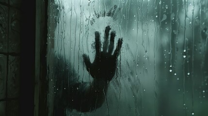 A mysterious handprint lingers on a misty window while a lurking shadow adds an eerie touch, ideal for horror film promotion. - obrazy, fototapety, plakaty