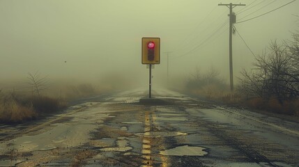 A haunting image of an abandoned highway, shrouded in fog, with a solitary, malfunctioning traffic signal evoking post-apocalyptic despair. - obrazy, fototapety, plakaty