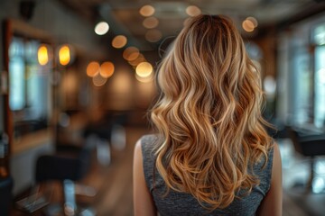 The back of a woman's head showcases her blonde curly hair, capturing the atmosphere of a modern hair salon - obrazy, fototapety, plakaty