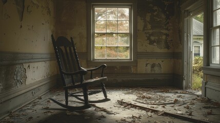 Chilling scene of an empty rocking chair moving slightly in an abandoned house, photograph enhancing the creepiness of deserted spaces.