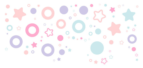 Pastel simple stars and circles corner particles. Vector illustration.	