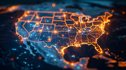 Futuristic Digital Map of USA with Illuminated Lines and Nodes, Showcasing Major Cities along the Borders, Symbolizing Advanced Connectivity and Technological Integration  - obrazy, fototapety, plakaty