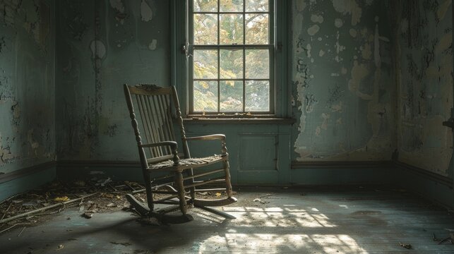 Witness the eerie sight of a lone rocking chair swaying in an abandoned home, a photograph intensifying the unsettling aura of emptiness.