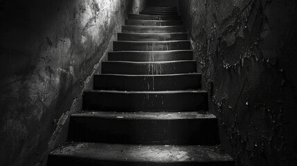 A spooky staircase disappearing into shadows, evoking dread and mystery, ideal for eerie tales of haunted houses. - obrazy, fototapety, plakaty