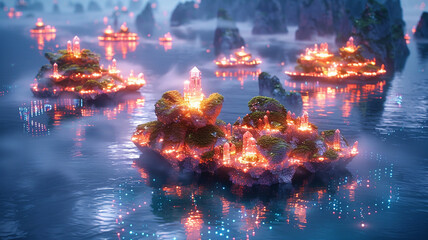 A surreal dreamscape of floating islands adorned with glowing crystals, their reflections casting shimmering trails on the pixelated waters below.