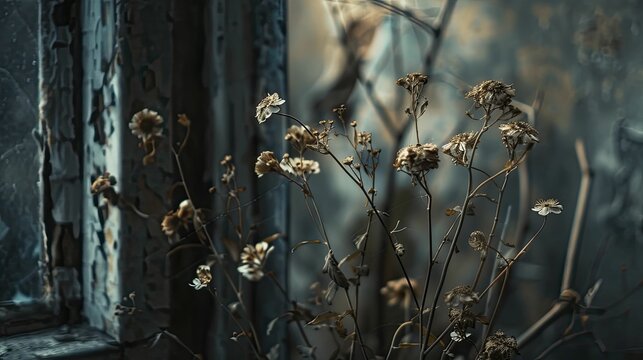 The close-up shot captures a withered plant in a deserted office, embodying decay and the essence of forsaken places.