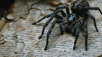 Capture the eerie essence of Halloween with a spider creeping over a weathered letter in a chilling photograph.
