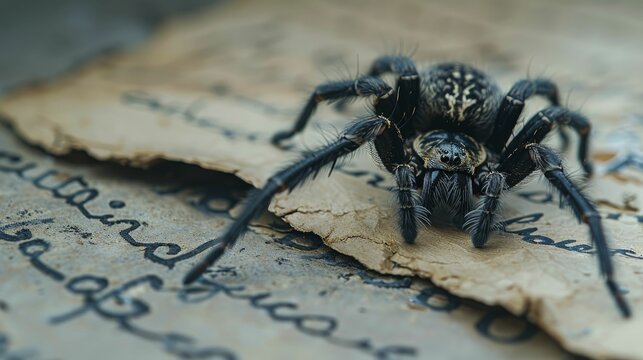 Experience the spine-chilling sight of a spider skittering across a weathered letter, a haunting image perfect for Halloween campaigns.
