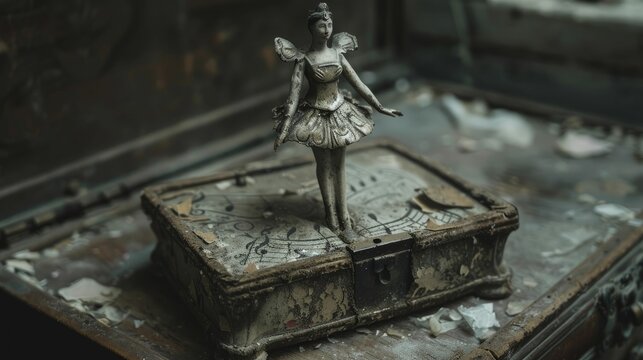 Capturing the eerie essence of a haunted possession, the close-up photo reveals a chilling old music box with a ballerina figurine.