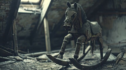An eerie image capturing an antique rocking horse mysteriously in motion within an attic, evoking chilling childhood terrors and ghostly recollections. - obrazy, fototapety, plakaty