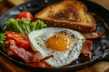 Skillet With Eggs, Bacon, Tomatoes, Lettuce