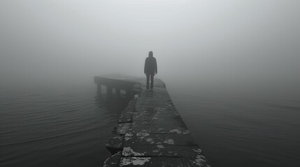 Dark silhouette of a figure standing at the end of a pier in thick fog, photograph creating an atmosphere of suspense and foreboding. - obrazy, fototapety, plakaty