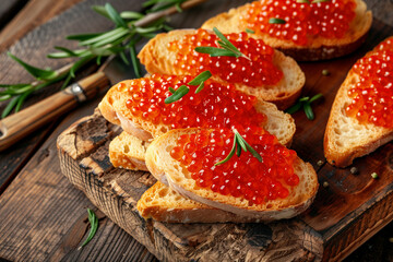 Gourmet Red Caviar on Toast With Fresh Herbs
