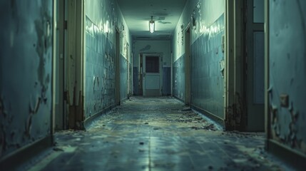 Desolate hospital hallway with doors ajar, photograph conveying the chilling silence of abandoned places, suitable for psychological horror scenes. - obrazy, fototapety, plakaty