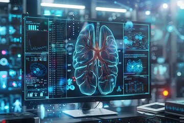 Obraz premium Computer interface with medical data processing against blue background. computer interface and medical research hi tech, mechanical technology concept