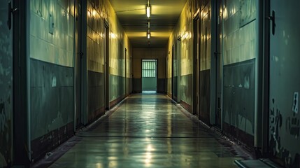 A chilling photo of a dimly lit corridor with doors ajar evokes dread in eerie institutional horror scenes. - obrazy, fototapety, plakaty