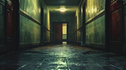 Dimly lit corridor with doors slightly ajar, photograph capturing the fear of the unknown in institutional horror settings.