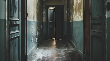 Capturing a hallway with doors ajar, evoking whispers of secrets, delves into hidden fears and ghostly narratives. - obrazy, fototapety, plakaty